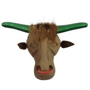 VTG Elzac Longhorn Bull Steer Green Lucite Horns Wood Brooch Pin Hair 1940s 40s
